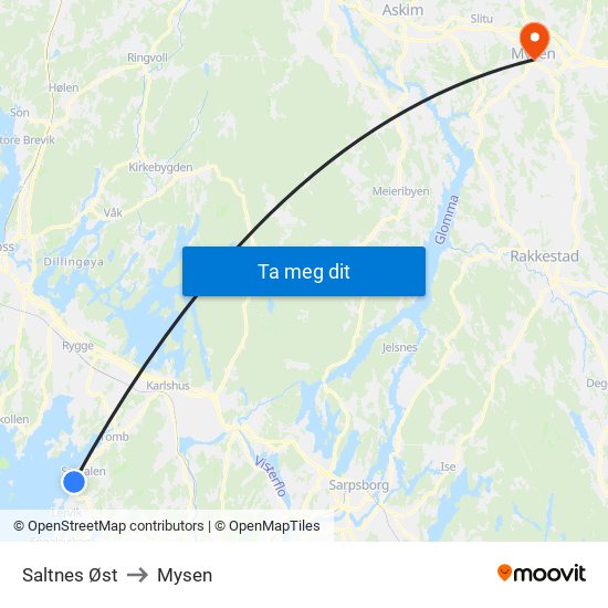 Saltnes Øst to Mysen map