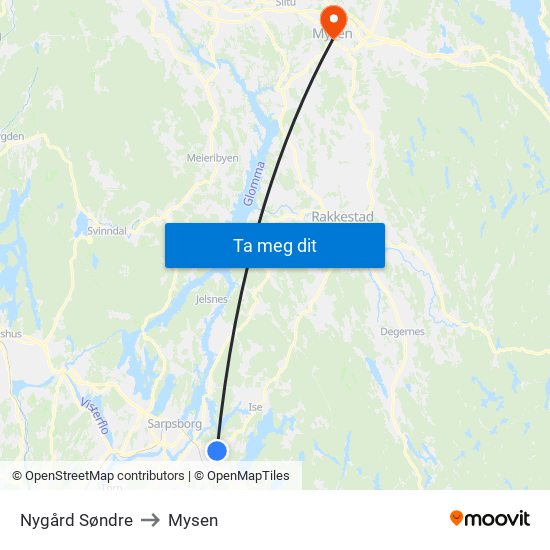 Nygård Søndre to Mysen map
