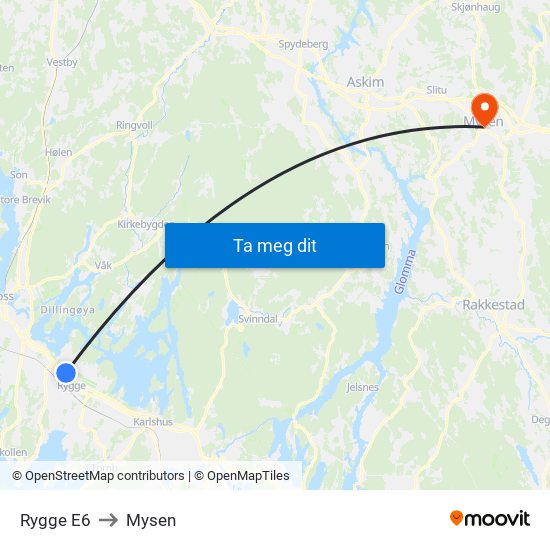 Rygge E6 to Mysen map