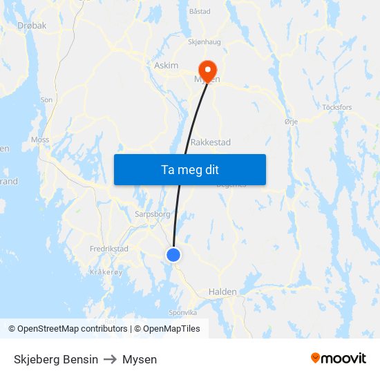 Skjeberg Bensin to Mysen map