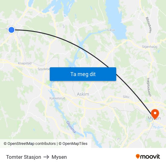 Tomter Stasjon to Mysen map
