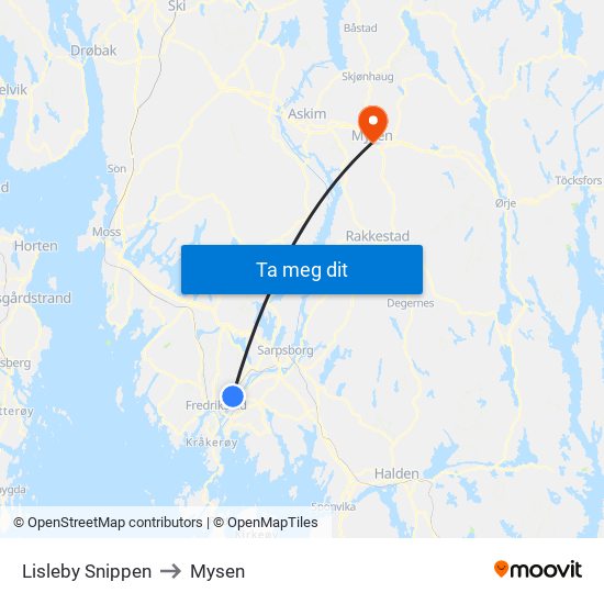 Lisleby Snippen to Mysen map