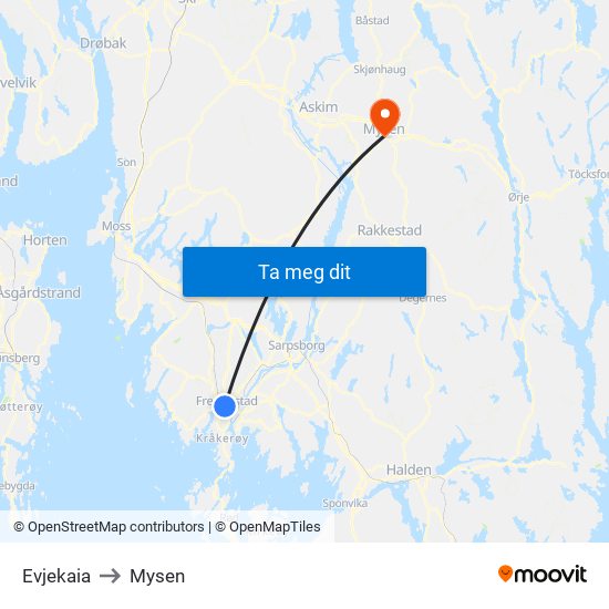 Evjekaia to Mysen map