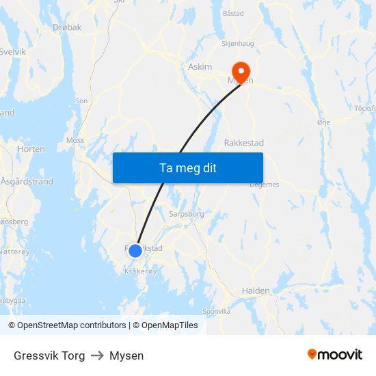 Gressvik Torg to Mysen map
