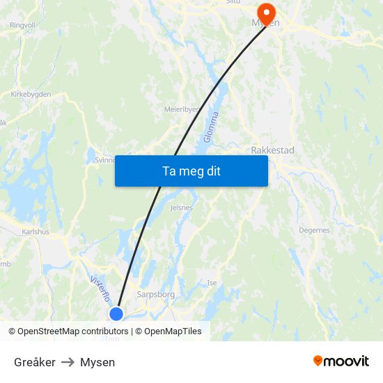 Greåker to Mysen map