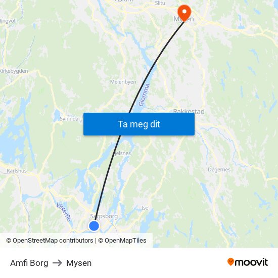 Amfi Borg to Mysen map