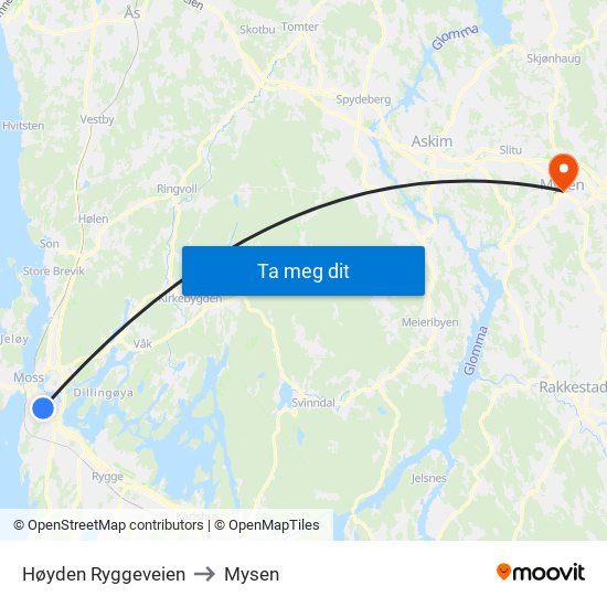 Høyden Ryggeveien to Mysen map