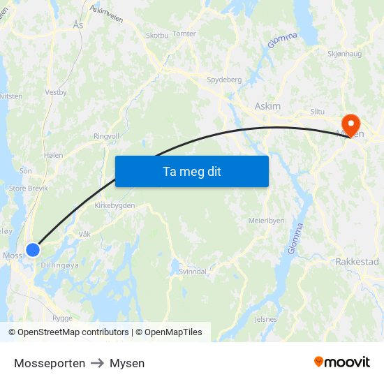 Mosseporten to Mysen map