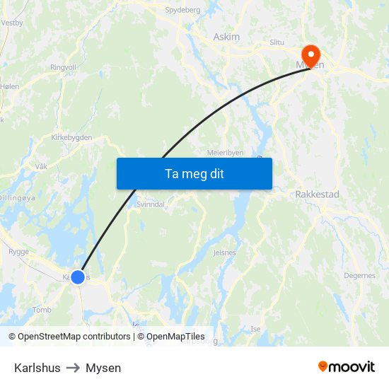 Karlshus to Mysen map