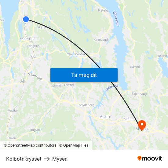 Kolbotnkrysset to Mysen map