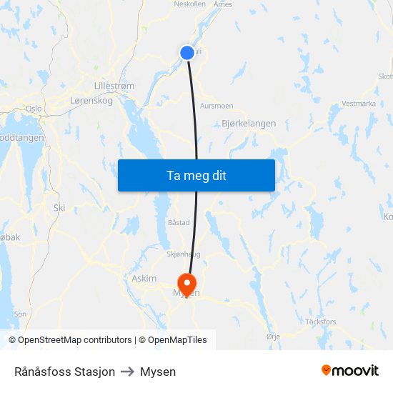 Rånåsfoss Stasjon to Mysen map