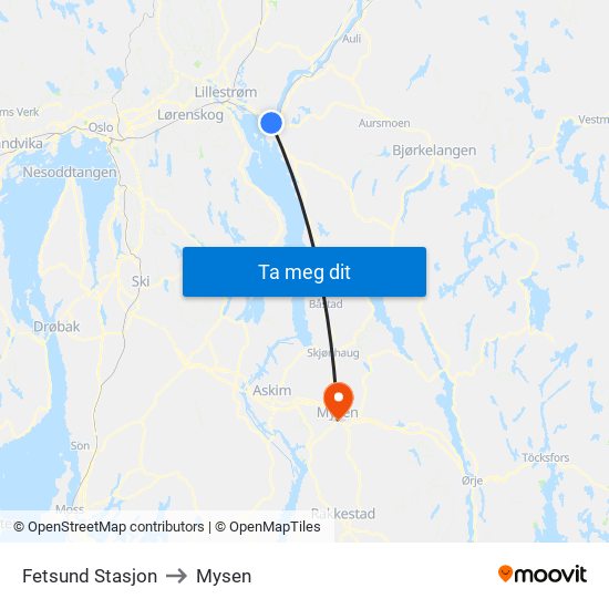 Fetsund Stasjon to Mysen map