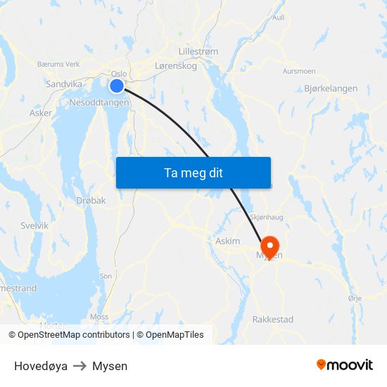 Hovedøya to Mysen map