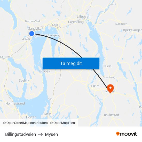 Billingstadveien to Mysen map