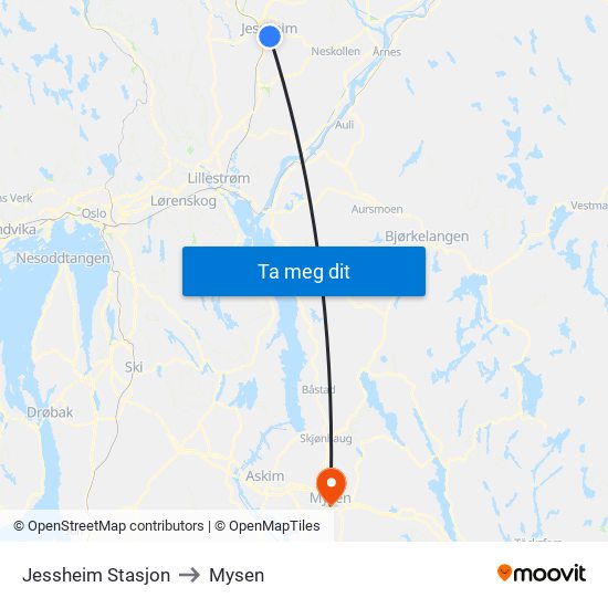 Jessheim Stasjon to Mysen map