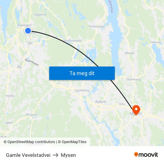 Gamle Vevelstadvei to Mysen map