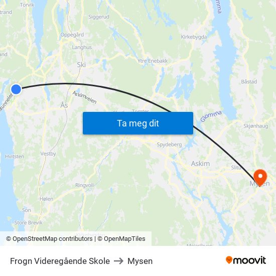 Frogn Videregående Skole to Mysen map
