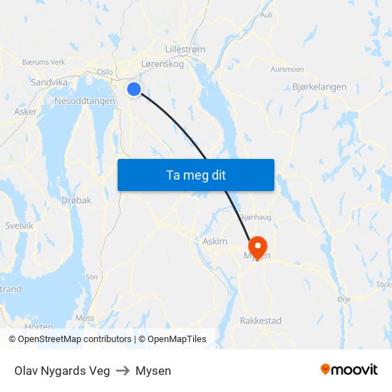 Olav Nygards Veg to Mysen map