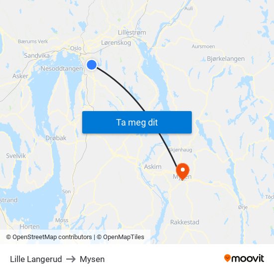 Lille Langerud to Mysen map