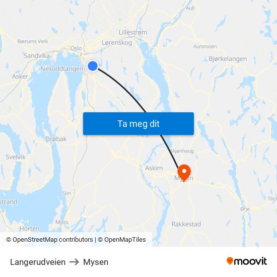 Langerudveien to Mysen map