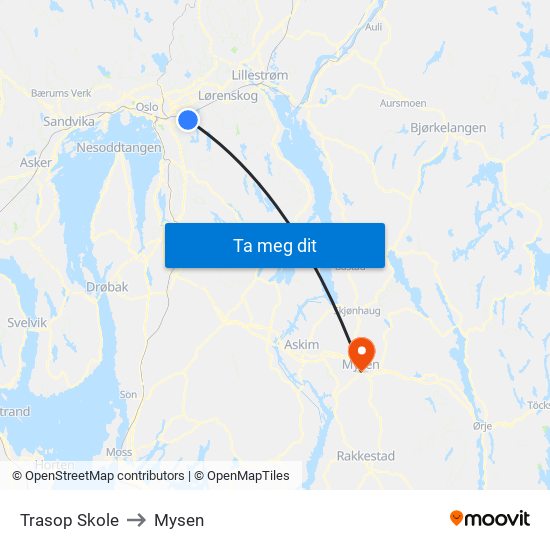 Trasop Skole to Mysen map