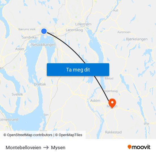 Montebelloveien to Mysen map