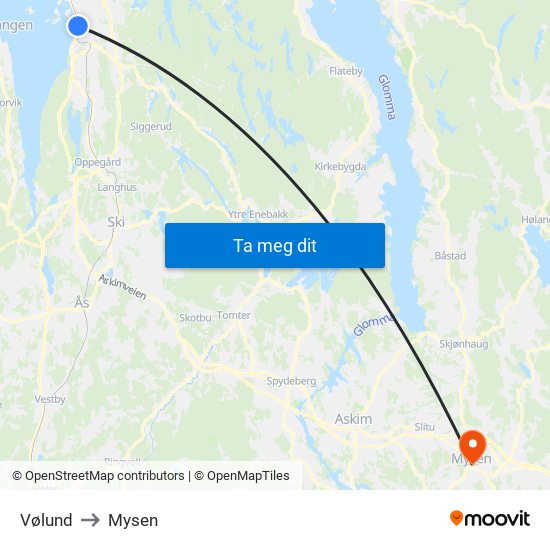 Vølund to Mysen map