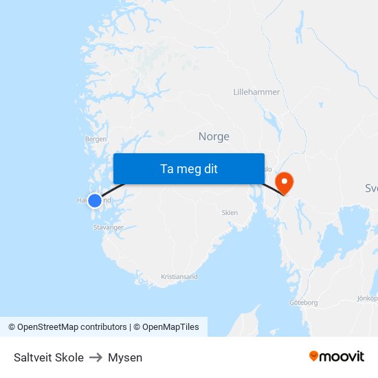 Saltveit Skole to Mysen map