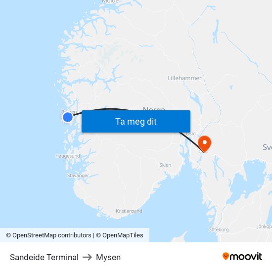 Sandeide Terminal to Mysen map