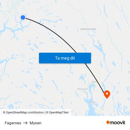 Fagernes to Mysen map