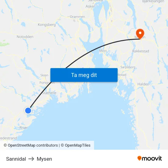Sannidal to Mysen map