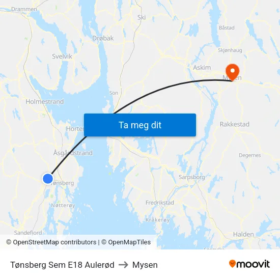 Tønsberg Sem E18 Aulerød to Mysen map