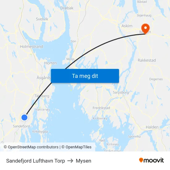 Sandefjord Lufthavn Torp to Mysen map
