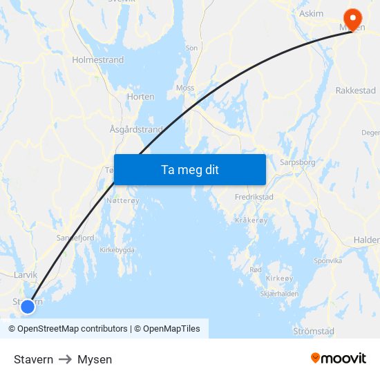 Stavern to Mysen map