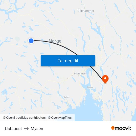 Ustaoset to Mysen map