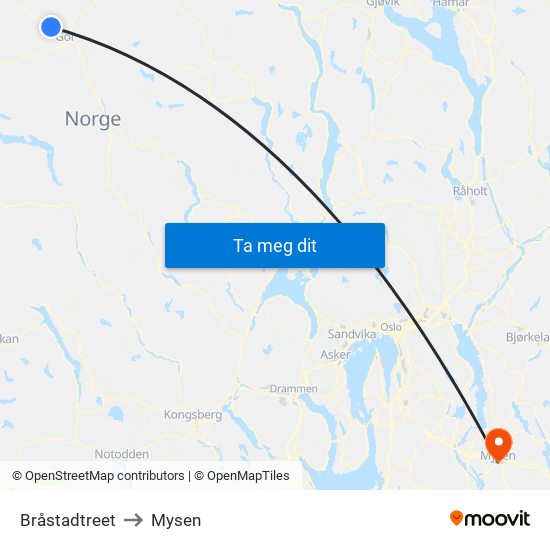 Bråstadtreet to Mysen map