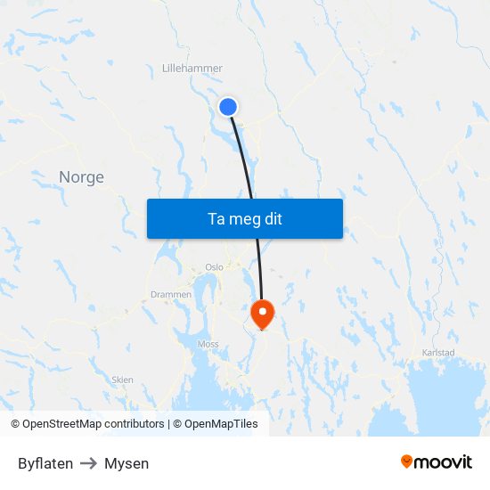 Byflaten to Mysen map