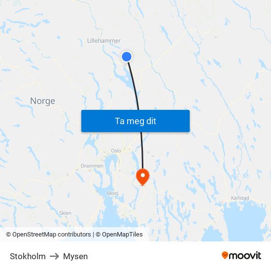 Stokholm to Mysen map
