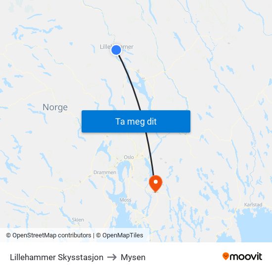 Lillehammer Skysstasjon to Mysen map