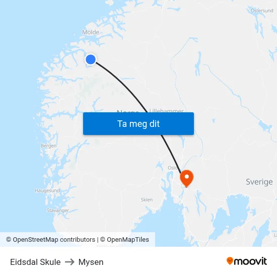 Eidsdal Skule to Mysen map