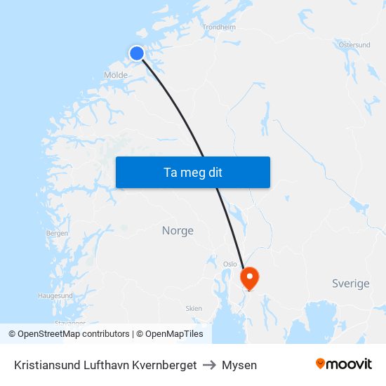 Kristiansund Lufthavn Kvernberget to Mysen map