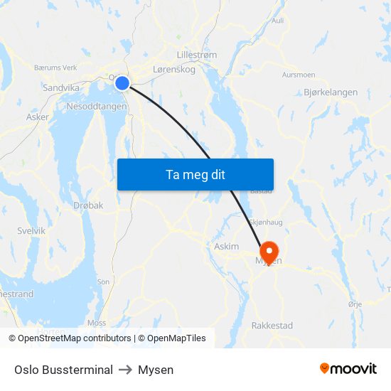 Oslo Bussterminal to Mysen map