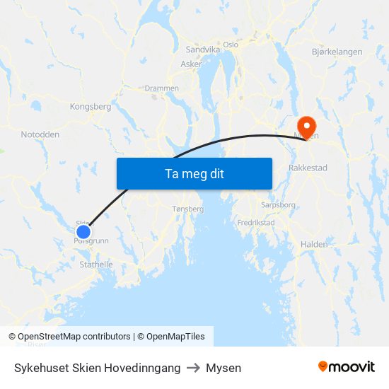 Sykehuset Skien Hovedinngang to Mysen map