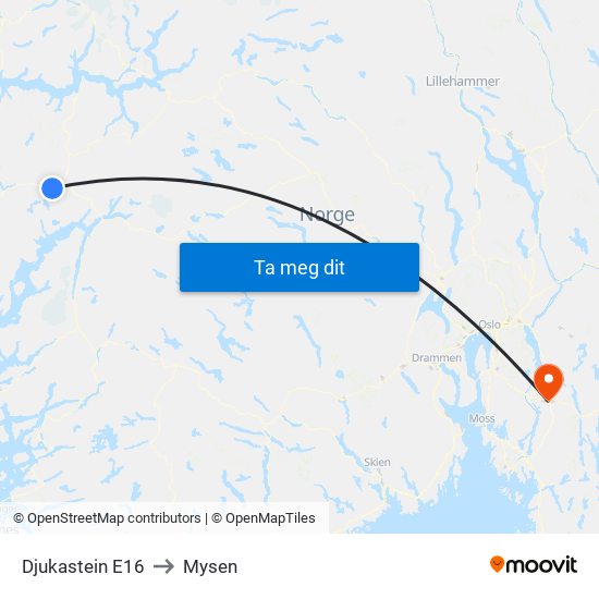 Djukastein E16 to Mysen map