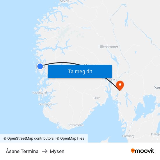 Åsane Terminal to Mysen map