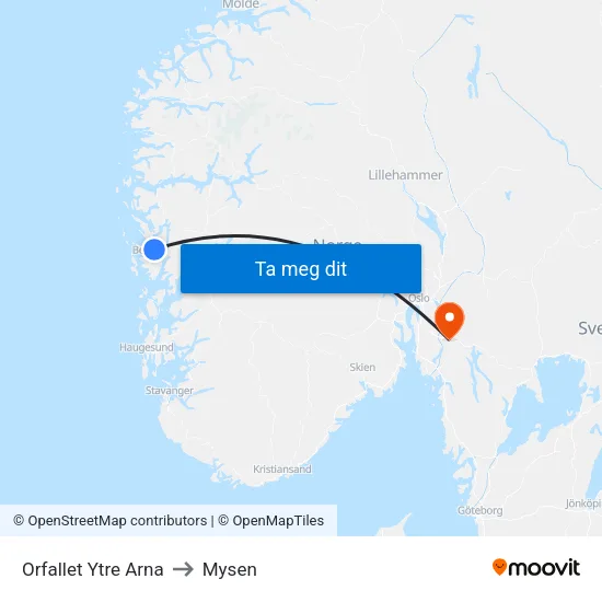 Orfallet Ytre Arna to Mysen map