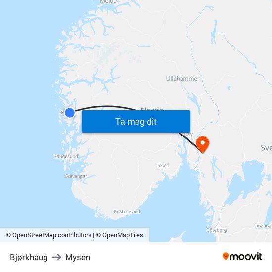 Bjørkhaug to Mysen map