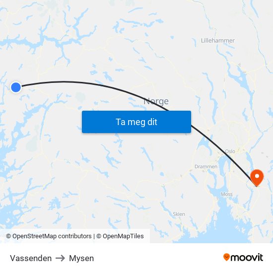 Vassenden to Mysen map