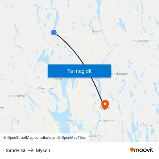 Sandvika to Mysen map