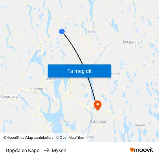 Oppdalen Kapell to Mysen map